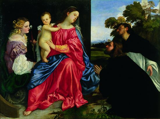 Titien, la Vierge à l'Enfant avec sainte Catherine, saint Dominique et un donateur