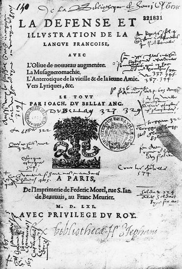 Joachim Du Bellay, page de titre de Défense et illustration de la langue française Joachim Du Bellay, page de titre de Défense et illustration de la langue française