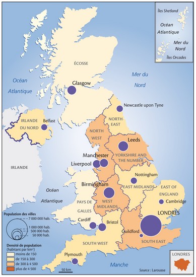 La densité de la population et les principales villes en Grande-Bretagne