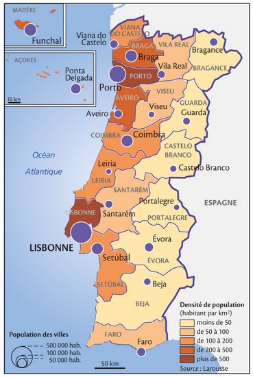 Densité de la population par district au Portugal