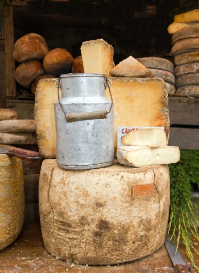 Pot à lait ancien et tomes de fromage Pot à lait ancien et tomes de fromage